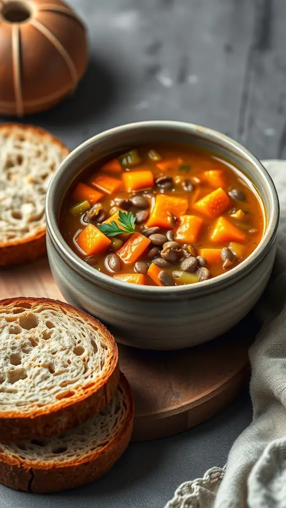 A bowl of lentil soup with carrots and celery, served with slices of bread.