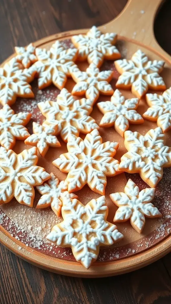 A platter of beautifully decorated snowflake sugar cookies dusted with powdered sugar.