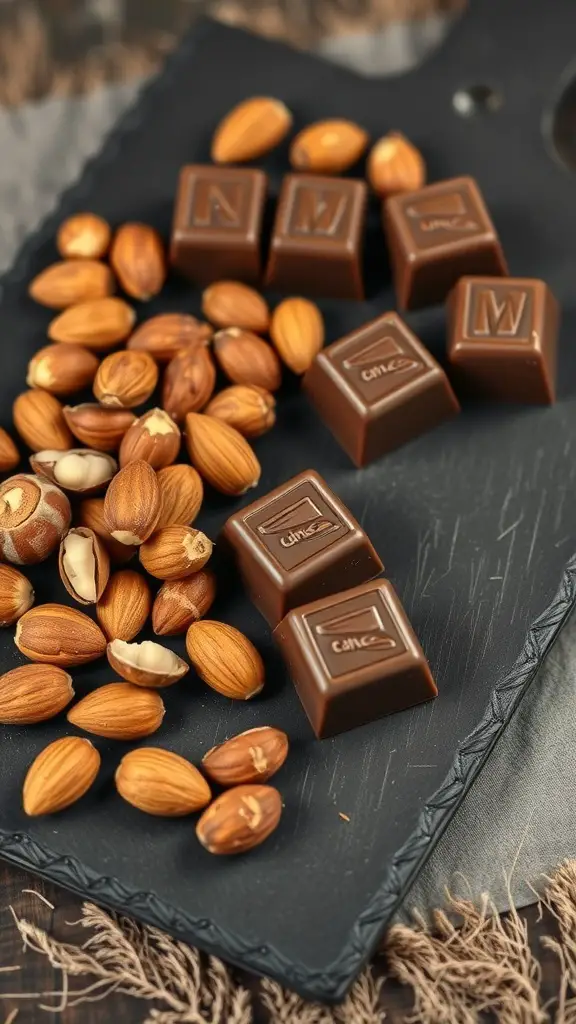 A selection of chocolate pieces and nuts on a black serving board.