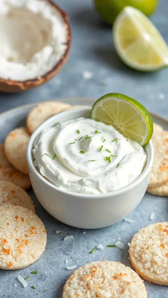 A bowl of creamy coconut and lime cheese spread garnished with lime and surrounded by rice crackers.