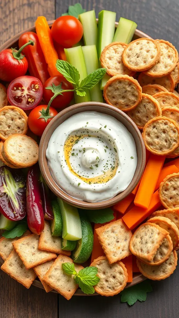 A colorful platter featuring herbed yogurt dip surrounded by fresh vegetables and crackers.