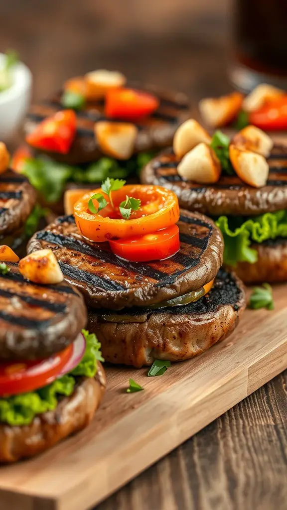 Grilled Portobello mushroom burgers topped with tomatoes and lettuce on a wooden platter.