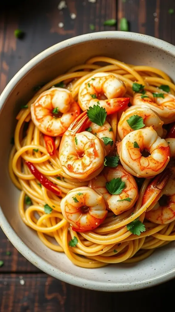 A bowl of Cajun Shrimp Spaghetti topped with shrimp, parsley, and red peppers.