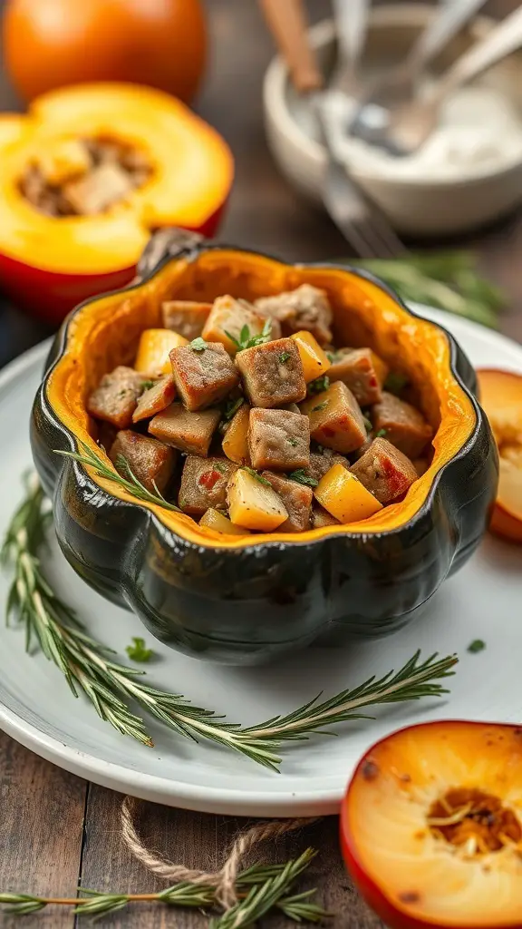 A stuffed acorn squash filled with sausage and apples, garnished with herbs.