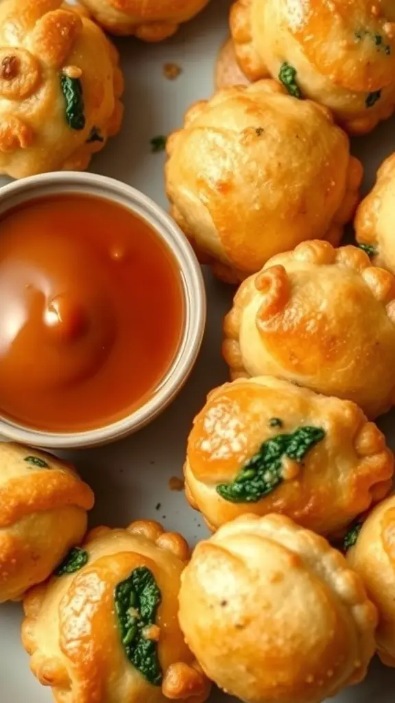 Savory spinach and cheese puff pastry bites with a dipping sauce