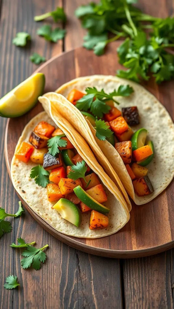 Two roasted vegetable tacos on a wooden plate with cilantro and lime