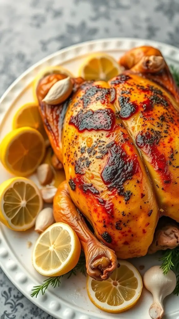 A beautifully roasted chicken garnished with lemon slices and garlic cloves on a white plate.