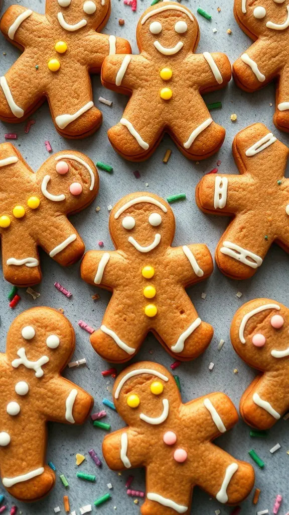 A variety of decorated gingerbread men cookies on a surface with colorful sprinkles.