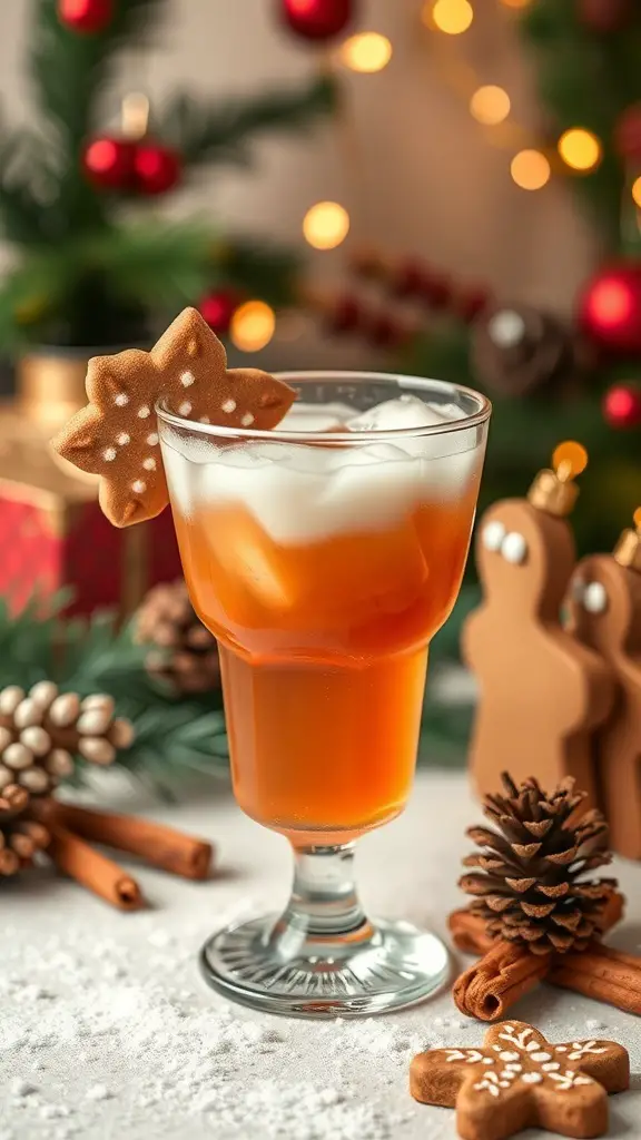 A festive Gingerbread Mocktail with a gingerbread cookie garnish, surrounded by holiday decorations.