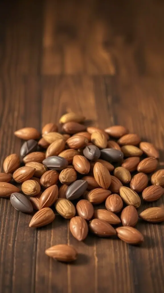 A pile of chocolate covered almonds on a wooden surface.