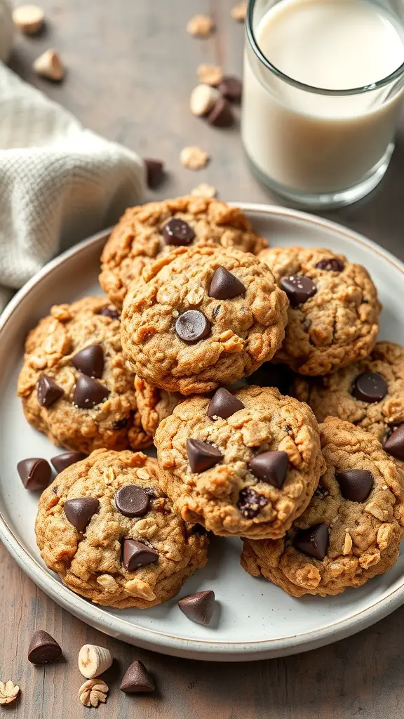 A plate of banana oatmeal cookies with chocolate chips, accompanied by a glass of milk.