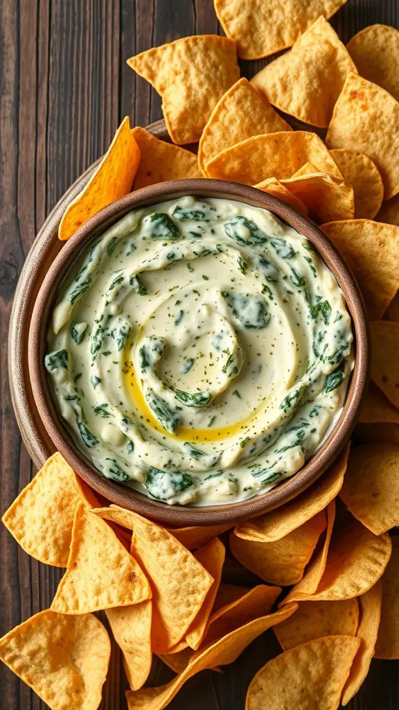A bowl of creamy spinach artichoke dip surrounded by tortilla chips.