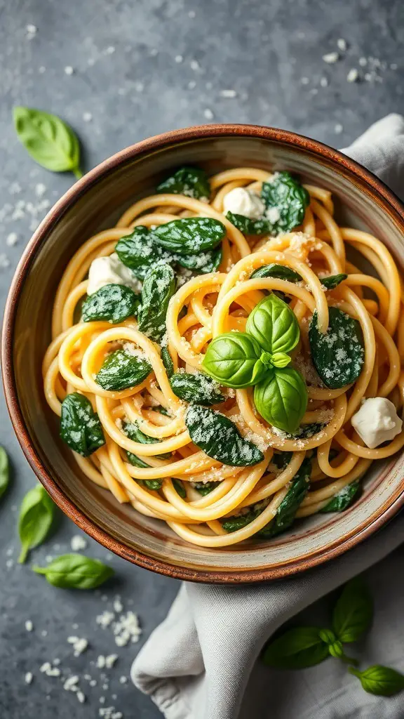 A bowl of creamy spinach and ricotta pasta garnished with fresh basil.