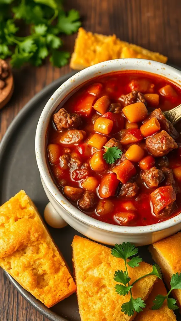 A bowl of Chili Sin Carne with colorful vegetables and beans, served with slices of cornbread on the side.