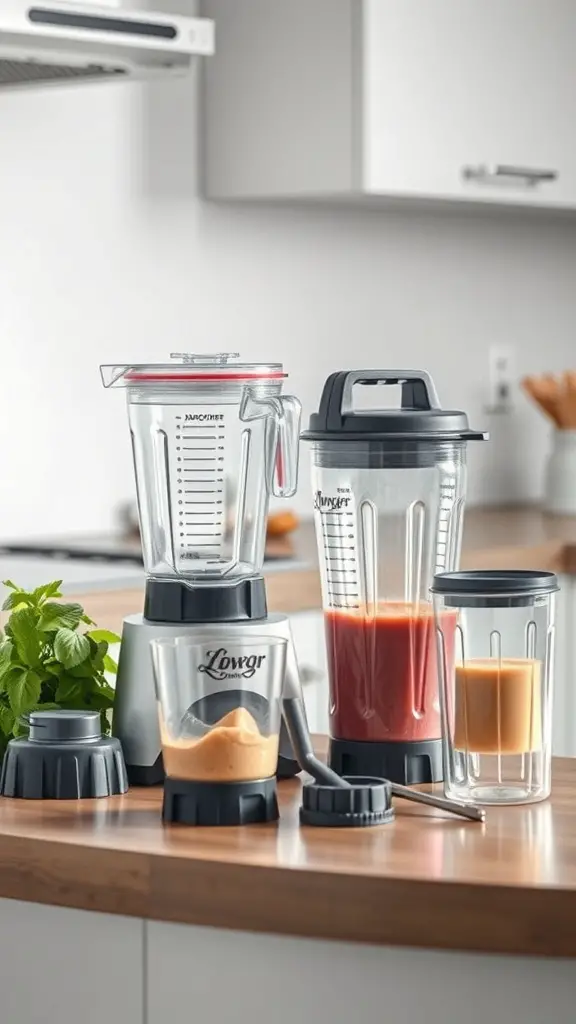A variety of smoothie blender accessories including blending jars and lids on a kitchen countertop.