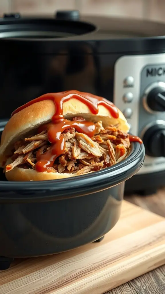A close-up of a BBQ pulled pork sandwich with sauce, next to a multicooker.