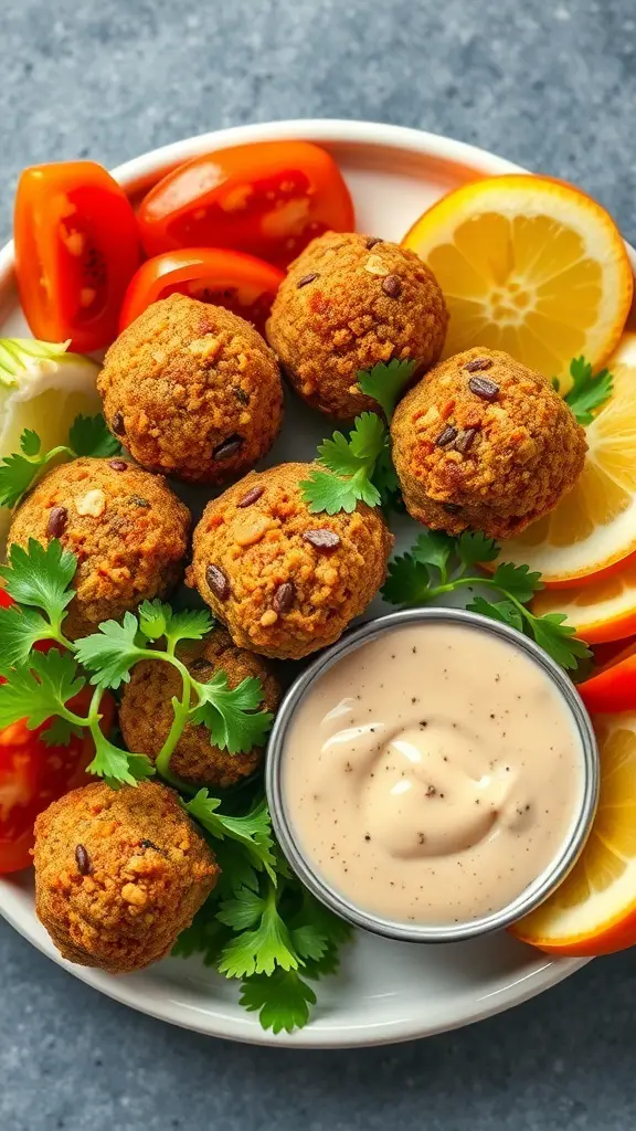 Plate of crispy falafel balls with fresh vegetables and dipping sauce