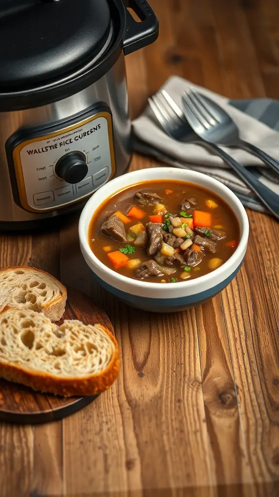 A bowl of classic beef and barley soup next to a slow cooker and slices of bread on a wooden table.