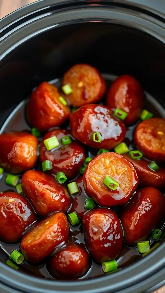 Crockpot filled with sweet and spicy sausage bites garnished with green onions