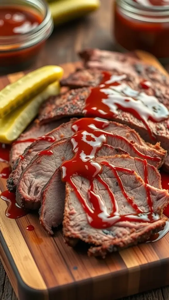 Sliced BBQ brisket drizzled with sauce on a wooden cutting board, with pickles and jars of sauce in the background.