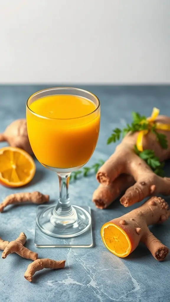 A glass of bright yellow ginger turmeric tonic with fresh ginger and turmeric roots beside it.