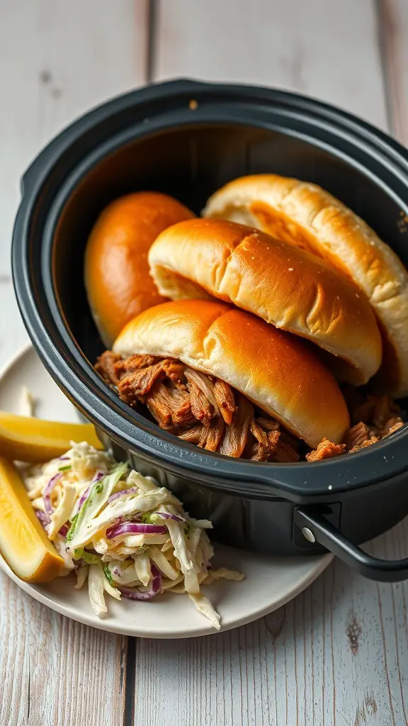 BBQ pulled pork sandwiches with coleslaw and lemon slices