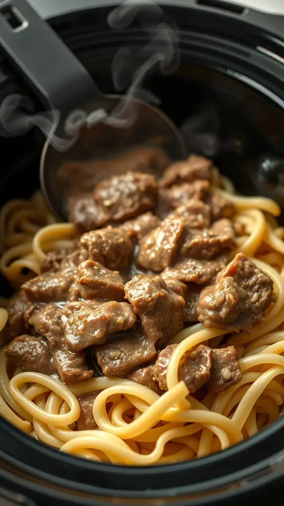 A close-up of Beef Stroganoff with egg noodles in a crockpot, showing tender beef and creamy sauce.