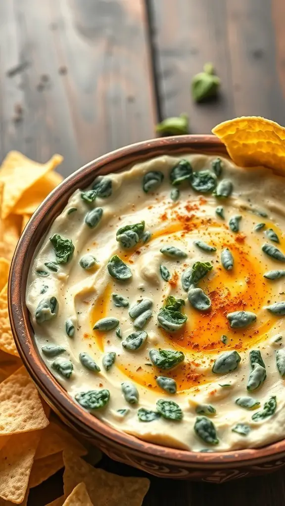 A bowl of spinach and artichoke dip surrounded by tortilla chips.