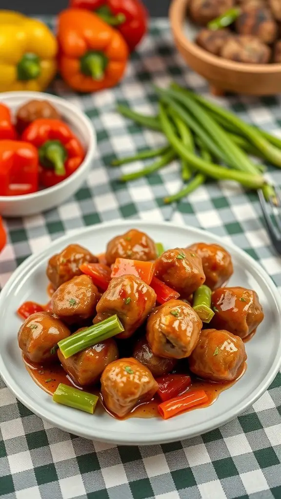 A plate of sweet and sour meatballs with bell peppers and green onions, served on a checkered tablecloth.