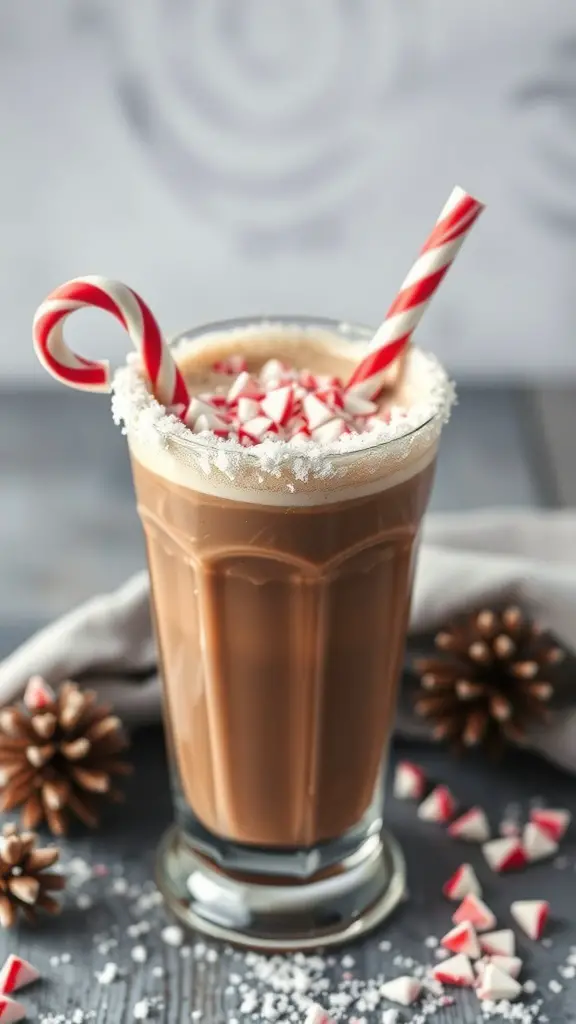 A glass of Peppermint Mocha Delight topped with whipped cream, crushed peppermint candies, and a candy cane.