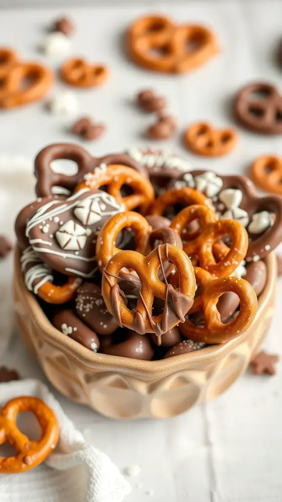 A bowl filled with chocolate-covered pretzels, some decorated with sprinkles and others with white chocolate drizzle.