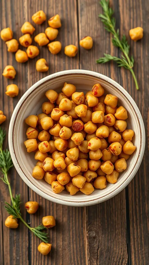 A bowl of roasted chickpeas on a wooden table, surrounded by scattered chickpeas and green herbs.