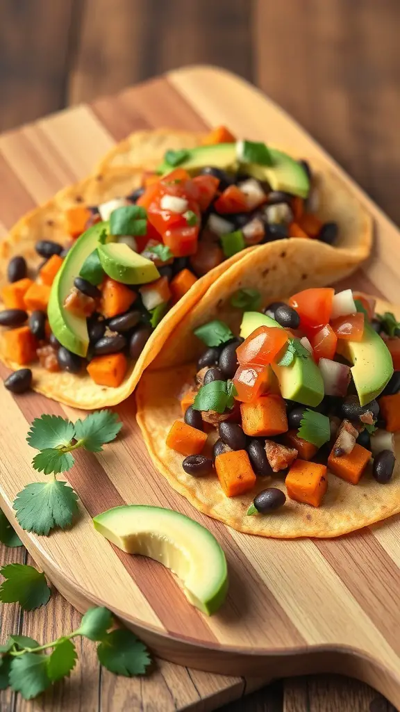 Delicious sweet potato and black bean tacos topped with fresh vegetables on a wooden platter.