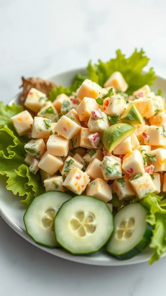 A plate of egg salad with avocado, garnished with lettuce and cucumber slices.
