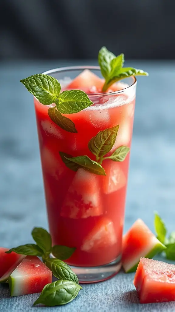 A refreshing watermelon basil drink garnished with fresh basil leaves and watermelon cubes.