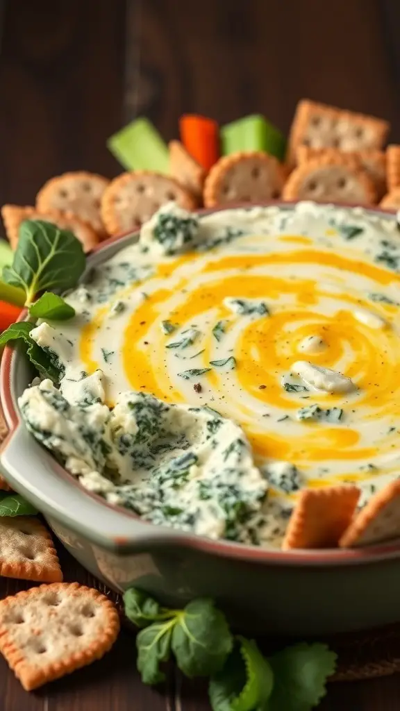 A bowl of creamy spinach and artichoke dip surrounded by crackers and fresh vegetables.