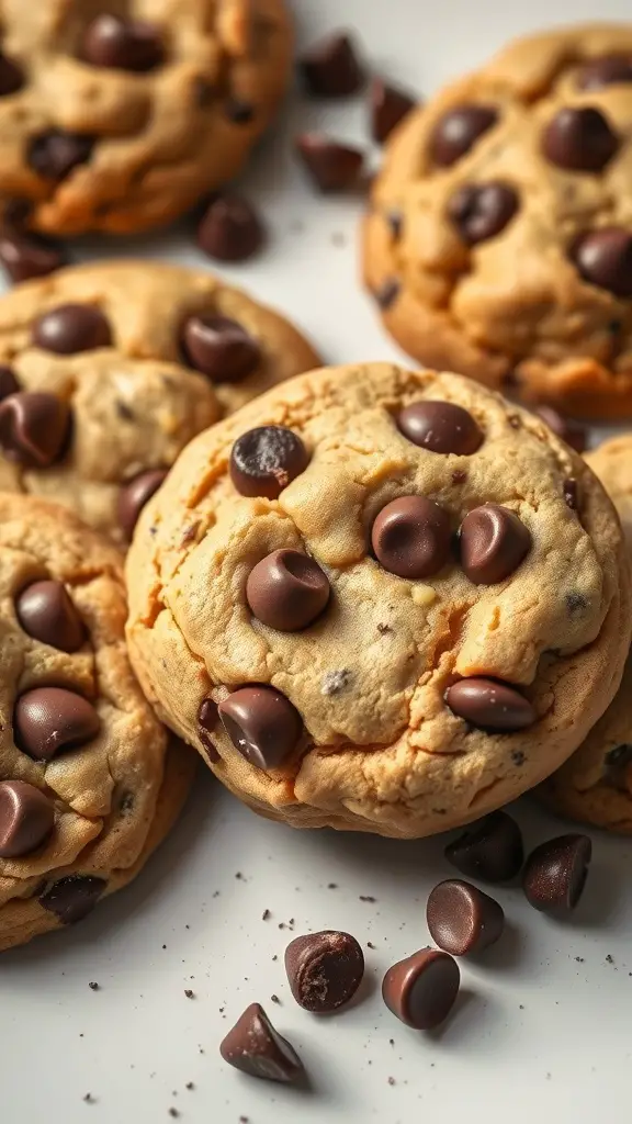 Delicious chocolate chip cookies with melted chocolate chips on top.