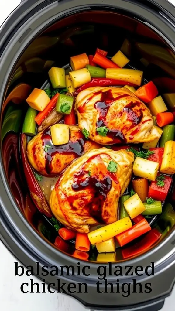 Balsamic glazed chicken thighs with colorful vegetables in a crockpot.