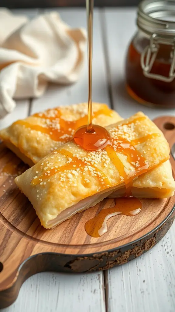 Sopapillas drizzled with honey on a wooden board