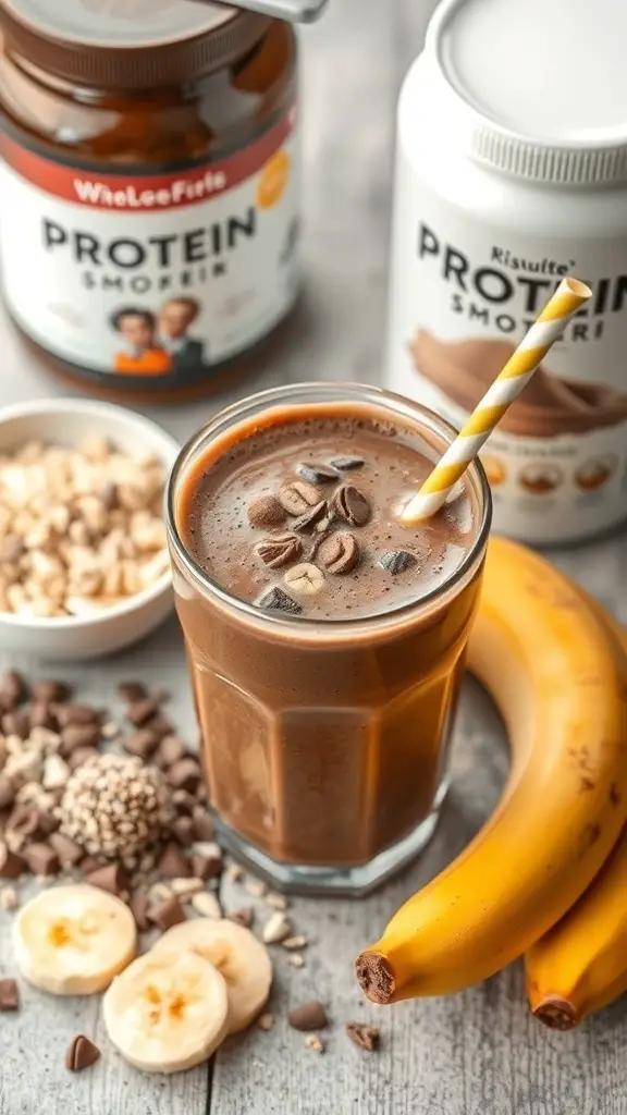 A protein-packed chocolate banana smoothie with bananas and protein powder.