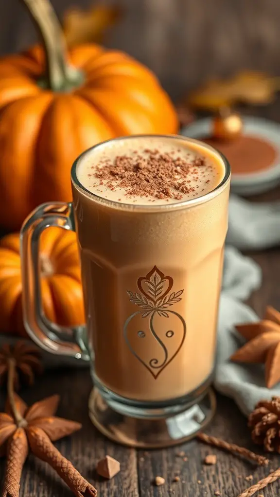 A pumpkin spice smoothie in a glass, surrounded by pumpkins and spices