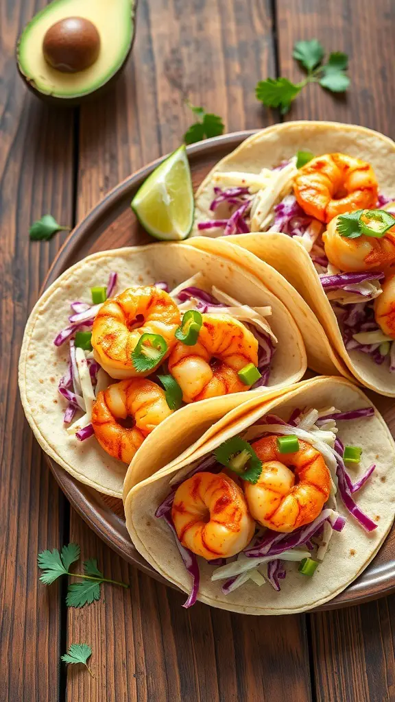 Three spicy shrimp tacos on a wooden plate with fresh toppings