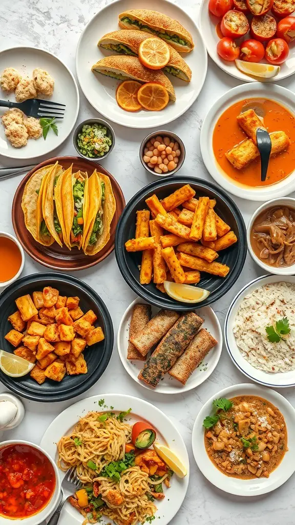 A colorful spread of various global dishes including tacos, spring rolls, pasta, and desserts.