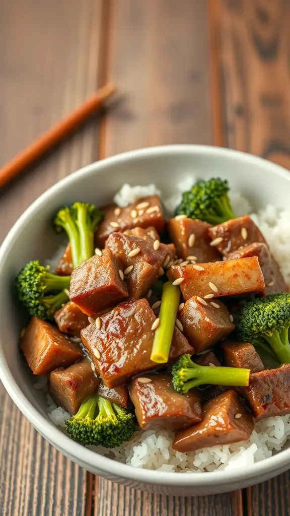 A bowl of Beef and Broccoli Stir-Fry with rice, showcasing tender beef and bright green broccoli.