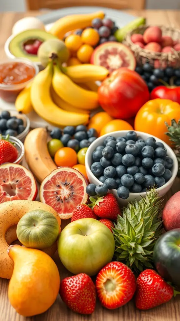 A vibrant display of various fruits including bananas, strawberries, blueberries, and more, arranged on a table.