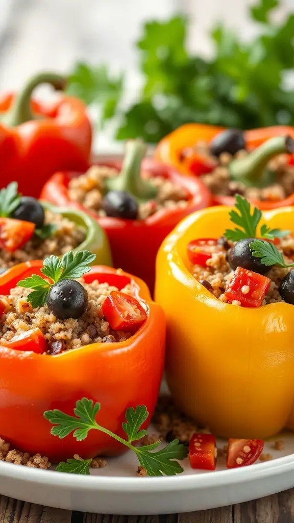 Colorful Mediterranean stuffed peppers filled with grains, tomatoes, and olives, garnished with parsley.