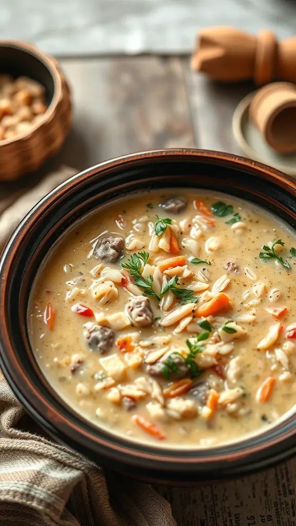 A bowl of creamy chicken and wild rice soup with vegetables.