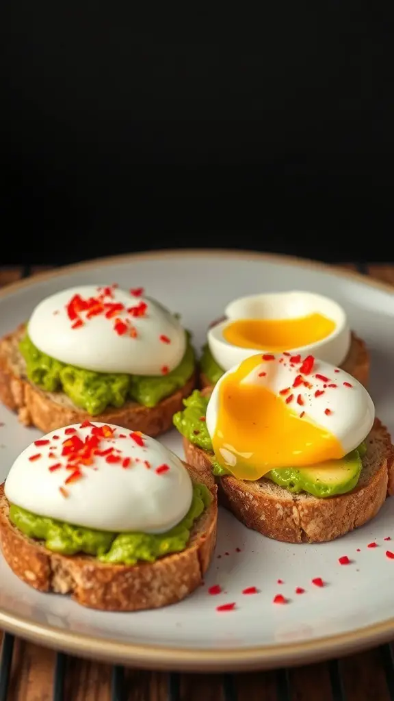 Avocado toast topped with poached eggs and red pepper flakes on a plate.