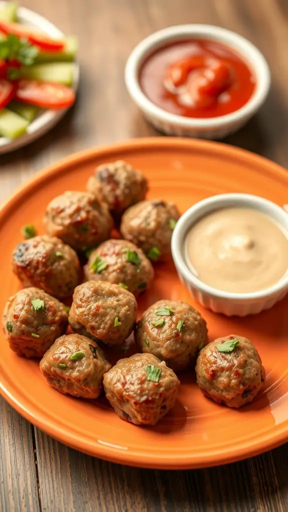 Plate of mini meatballs with dipping sauces and fresh vegetables