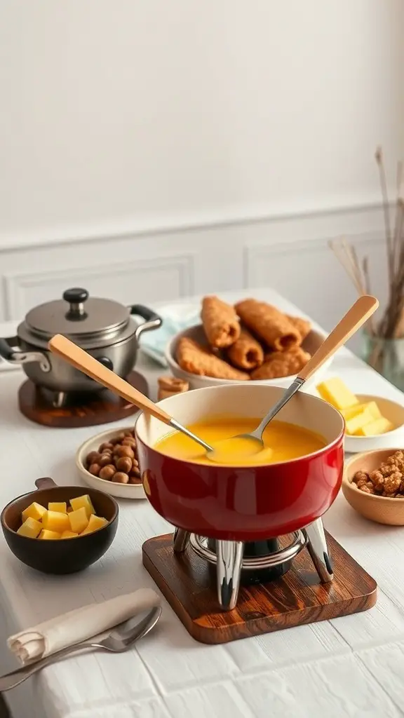 A red fondue pot filled with melted cheese, surrounded by dippers like bread, fruits, and snacks.